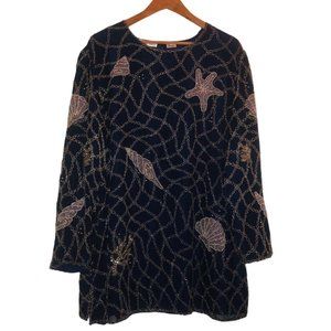 Vintage HARRISON MORGAN Sz 1X Women's Navy Silver Pearl Beaded Seashells Blouse
